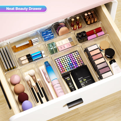Okylvve 25 PCS Clear Plastic Drawer Organizer Set - 4 Sizes Makeup Organizer Desk Drawer Divider Bathroom Organizers and Storage Bins for Makeup, Jewelry, Gadgets, Office, Kitchen, Bedroom, Bathroom