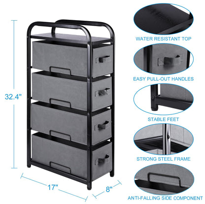 MAX Houser 4 Drawer Narrow Dresser Fabric Storage Tower Vertical Slim Storage Chest Organizer Nightstand Side/End Table Small Standing Organizer Removable Drawers Wood Top for Bedroom, Bathroom（Grey