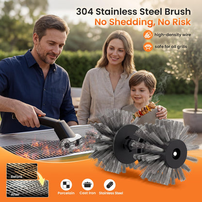 Rechargeable Electric BBQ Grill Brush, 2600mAh Battery, 2-Speed Power, LED Light, 100 Mins Long Runtime, 304 Stainless Steel Heat Resistant Grill Cleaner for Outdoor Camping & Grilling