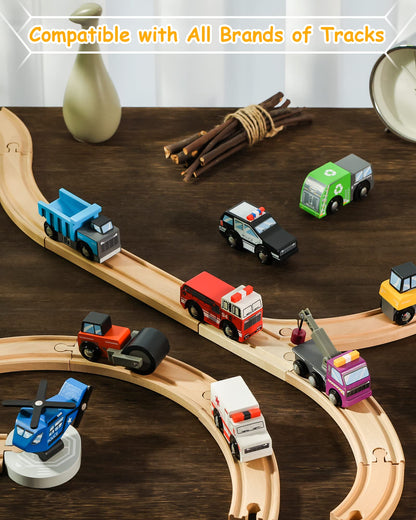 SainSmart Jr. Wooden Train Set Accessories Toy Cars (10 PCS), Compatible with All Major Brands, Gift for Toddlers and Kids Aged 3+