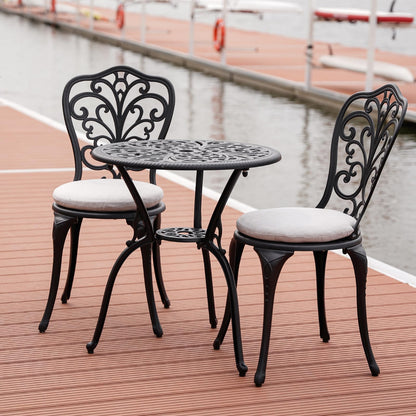 Withniture Patio Bistro Set 3 Piece with Cushions, All Weather Bistro Table and Chairs Set of 2 with Umbrella Hole, Outdoor Bistro Set, Cast Aluminum Patio Furniture Set for Garden Porch, Black