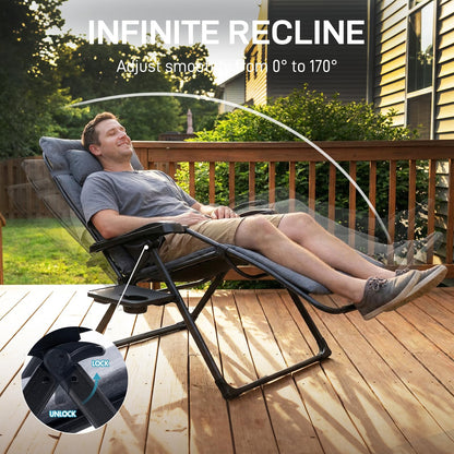 EVER ADVANCED Thick Padded Zero Gravity Chair, Oversized Reclining Lounge Chair with Adjustable Headrest & Cup Holder, Heavy Duty Support 350 lbs, Foldable for Camping, Lawn, Outdoor & Indoor, Gray