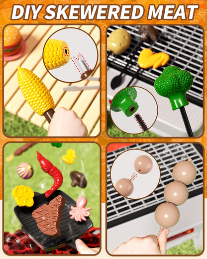 STACTCUTE Kids BBQ Grill Playset with Realistic Steam, Sound & Lights - 60Pcs Pretend Play Kitchen Food Toy for Toddlers Boys Girls for 3-5+ - Sturdy Double-Layer Outdoor Backyard Cooking Set Gift