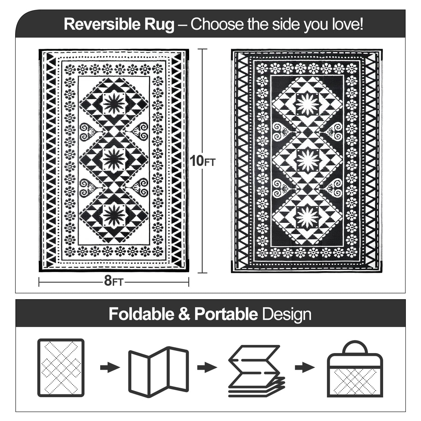 Waterproof Outdoor Rug 8x10ft, Reversible Plastic Straw Mat Rugs for Patio RV Deck Porch Backyard Balcony Camping Picnic Beach Indoor Outdoor Carpet, Black&White