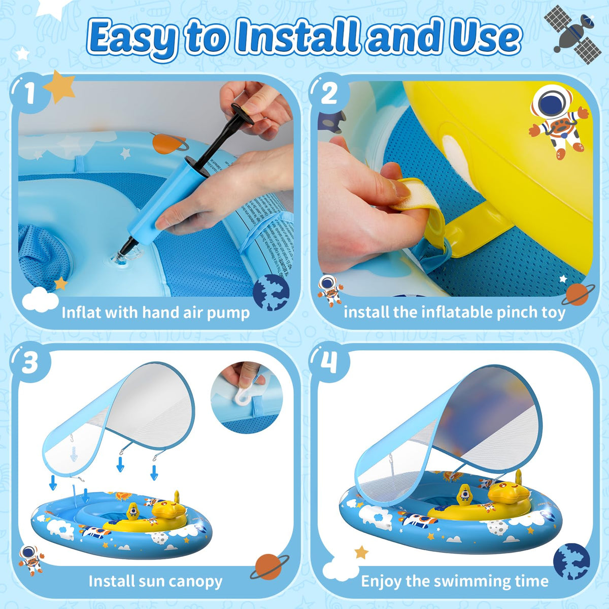 Baby Pool Float with Canopy UPF50+ Sun Protection, Baby Swimming Float with Toy Play Console, Toddler Pool Floats with Adjustable Safety Seat for Kids Infant Todder Girls Boys Aged 6-36 Months (Blue)