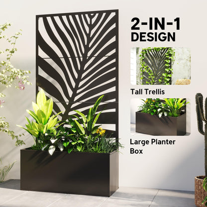 Outsunny Metal Planter Box with Trellis, 71" Tall Raised Garden Bed with Trellis Privacy Screen for Climbing Plants, Large Leaf Cut-Out Privacy Planter for Garden, Patio, Balcony