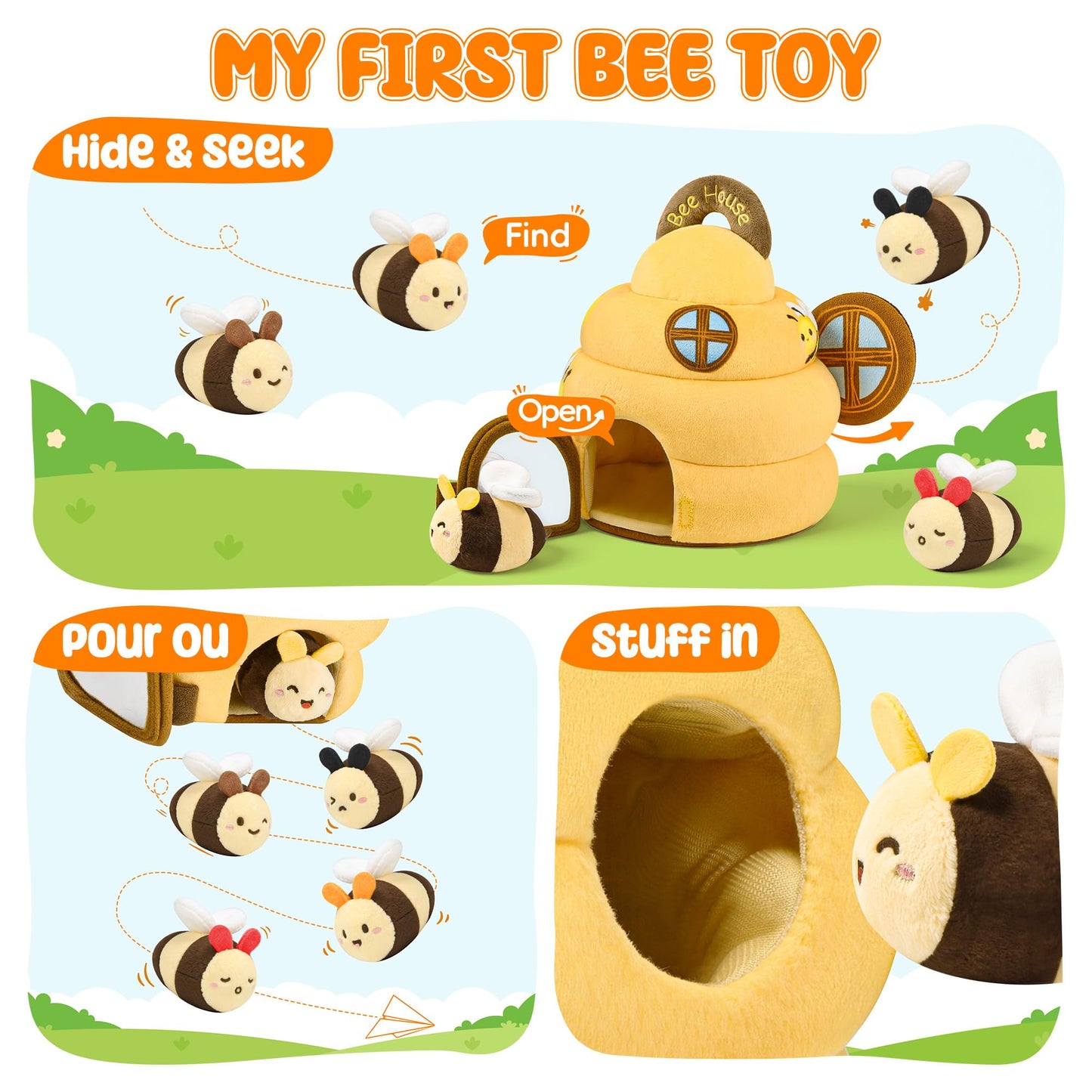 Baby Toys 6-12 Months - Beehive Infant Toy with 5 Sensory Bees Stuffed Animals, Crinkle, Rattle, Mirror & Music, Montessori Toys for 6 7 8 9 10 11 12 Month Old Baby Boys Girls Birthday Christmas Gift