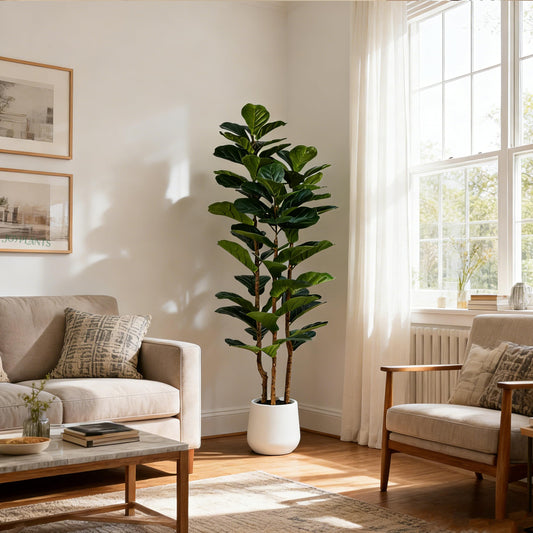 Joyplants 5ft Fake Fiddle Leaf Fig Tree, Realistic Fake Plants with Natural-Looking Trunk, Evergreen Faux Plants Indoor for Home & Office Decor（3 Poles, White Pot）