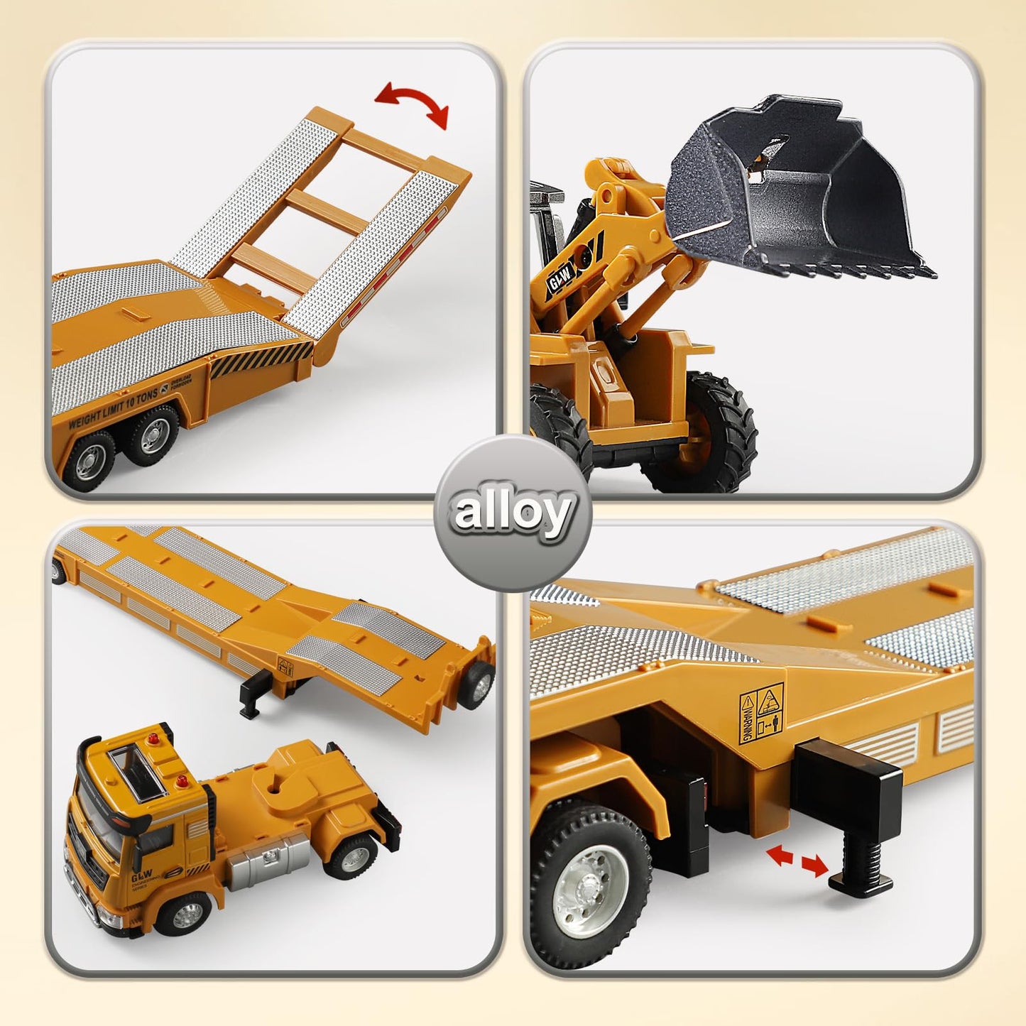 Construction Carrier Trucks Toy Set – Alloy Inertia Driving 1:40 & 1:55 Simulation Model Vehicles Toys, Including Excavator, Double Arm Excavator – Gifts for Ages 3-8, Boys and Girls