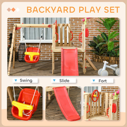 Outsunny Swing Set for Backyard, Wooden Toddler Outdoor Playset with Baby Swing Seat, Kids Slide, Fort, Playground Equipment with Captain's Wheel, Telescope for Ages 1.5-4, Red