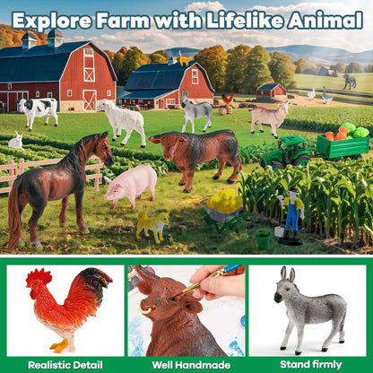 WAIIW Farm Animal Toys for Toddlers,38 PCS Realistic Animal Figurines Toys with 47.2”x31.4” Large Activity Play Mat and Tractor Toy,Farm Playset Educational Learning Toy for Toddlers Kids 3-5
