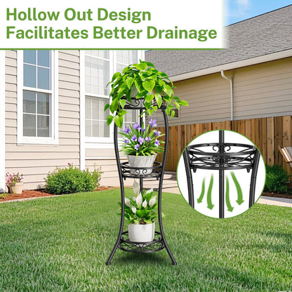 iDavosic.ly 3 Tier Tall Metal Plant Stand Indoor Outdoor, Wrought Iron Corner Flower Pot Holder Shelf, 34 Inch Vertical Display Rack for Patio Porch Living Room Garden, Black