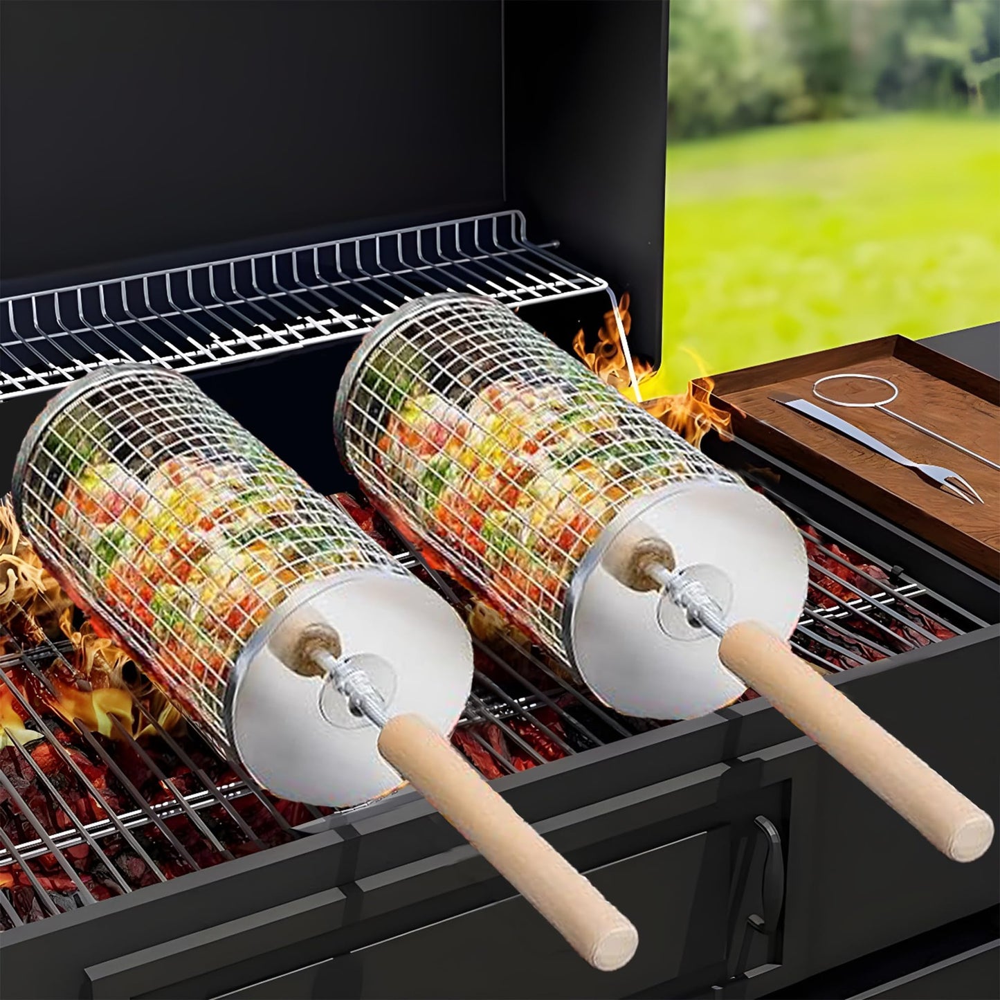 Rolling Grill Basket Round Shaped with Removable Wooden Handle, 304 Stainless Steel, Nesting Grilling Net, BBQ Accessories Tools for Vegetables Shrimp, Outdoor Cooking Camping Gift