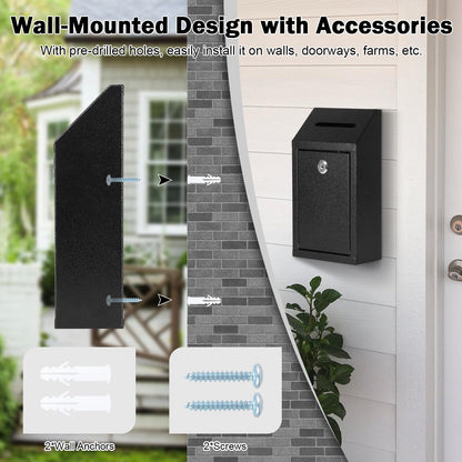KYODOLED Money Drop Box with Lock & Slot, Metal Cash Collection & Suggestion Box for Farm Stand Sales, Office or Home Wall Mount Use, 10.24x5.7x2.95 Inch, Black