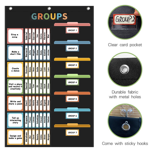 REGELETO Boho Small Group Management Pocket Chart with 114 Cards, Large Size 46 x 26.3 inch Classroom Small Group Organizer for School Teacher Homeschool Learning Supplies (Black)