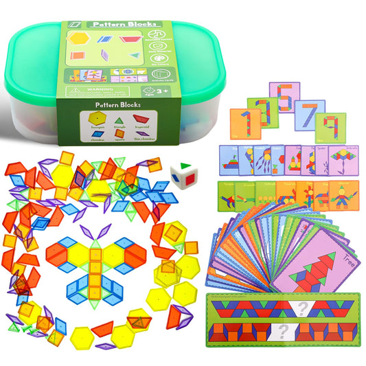 Odoorgames 140 Pcs Translucent Pattern Blocks,Geometric Shapes,Translucent Toys,Light Table Accessories and Manipulatives,Includes 46 Activity Cards