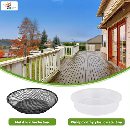 Deck Bird Feeders with Metal Tray and Water Bowl, BOLITE Balcony Bird Feeders Detachable Adjustable Heavy Duty Clamp Bracket, Attracting Birds, Black, Gifts for Women Men