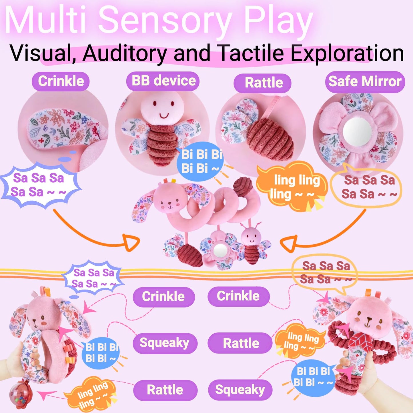 chochumy Baby Spiral Car Seat Toys for Babies 0-6 Months Girl, Stroller Hanging Stuffed Animal Carseat Crinkle Rabbit Toy 0-3-4-5-7-8-9-12 Month, Newborn Infant Gifts Easter Basket Stuffers Bunny 3PCS