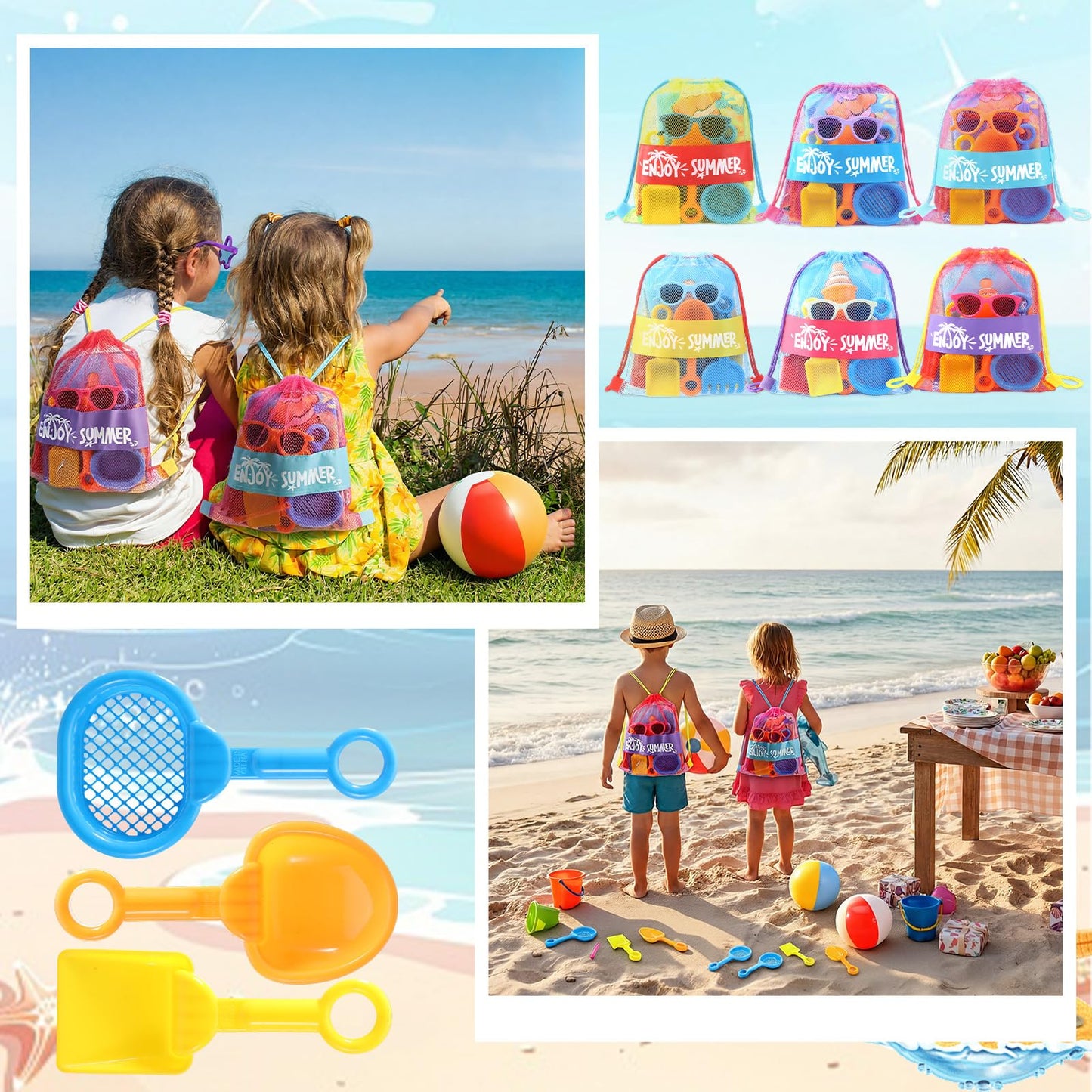 Honeydak 6 Set Pool Party Favors for Kids End of Year Gift Summer Mesh Drawstring Bag Beach Towels Ball Shovels Toys Bulk for Pool Beach Games Birthday Party Supplies Summer Graduation Student Gifts