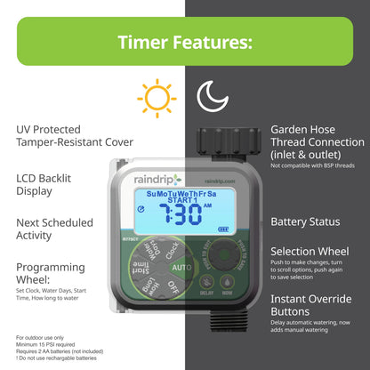 Raindrip Digital Hose-End Automatic Water Timer, Connects to Garden Faucets and Hose Bibbs, with Back-Lit LCD Screen for Drip Irrigation, Garden, Self-Watering, Grey