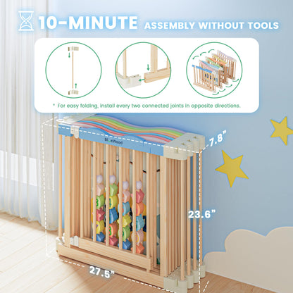Foldable Wooden Playpen - Adjustable Wood Baby Play Yard with Child-Proof Lock, Indoor Large Safety Fence for Babies and Toddlers - Easy Assembly, 55 x 55 x 24 inches, Ocean Adventure, Colorful