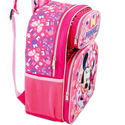 Minnie Mouse School Backpack for Girls - Bundle with 16” Disney Sequin Bag Plus Water Bottle, Stickers, More | Minnie School Supplies for Kids