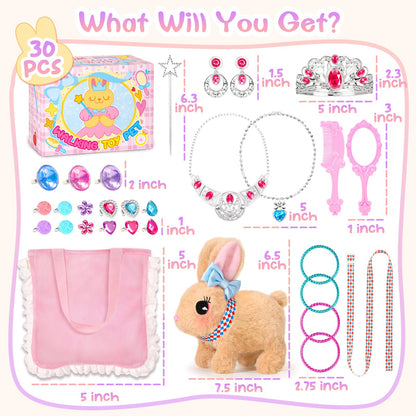 CatchCute Plush Toys Interactive Realistic Walking Bunny Toy Set with Leash and Mesh Storage Bag,Stuffed Bunny with Princess Jewelry Accessories,Perfect Thanksgiving Birthday Gifts for Kids