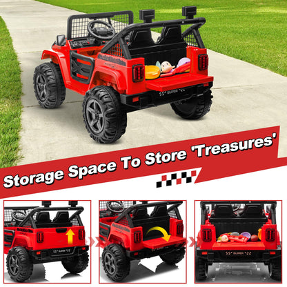 24V XL Ride on Car with Remote Control, JOYRACER 2 Seater 4WD/2WD Switchable Electric Car for Kids w/20 Inch Wide Seat, Gift Flower, 4X200W Power Car Wheels 24 Volt Big Truck for Boys Girls, Red