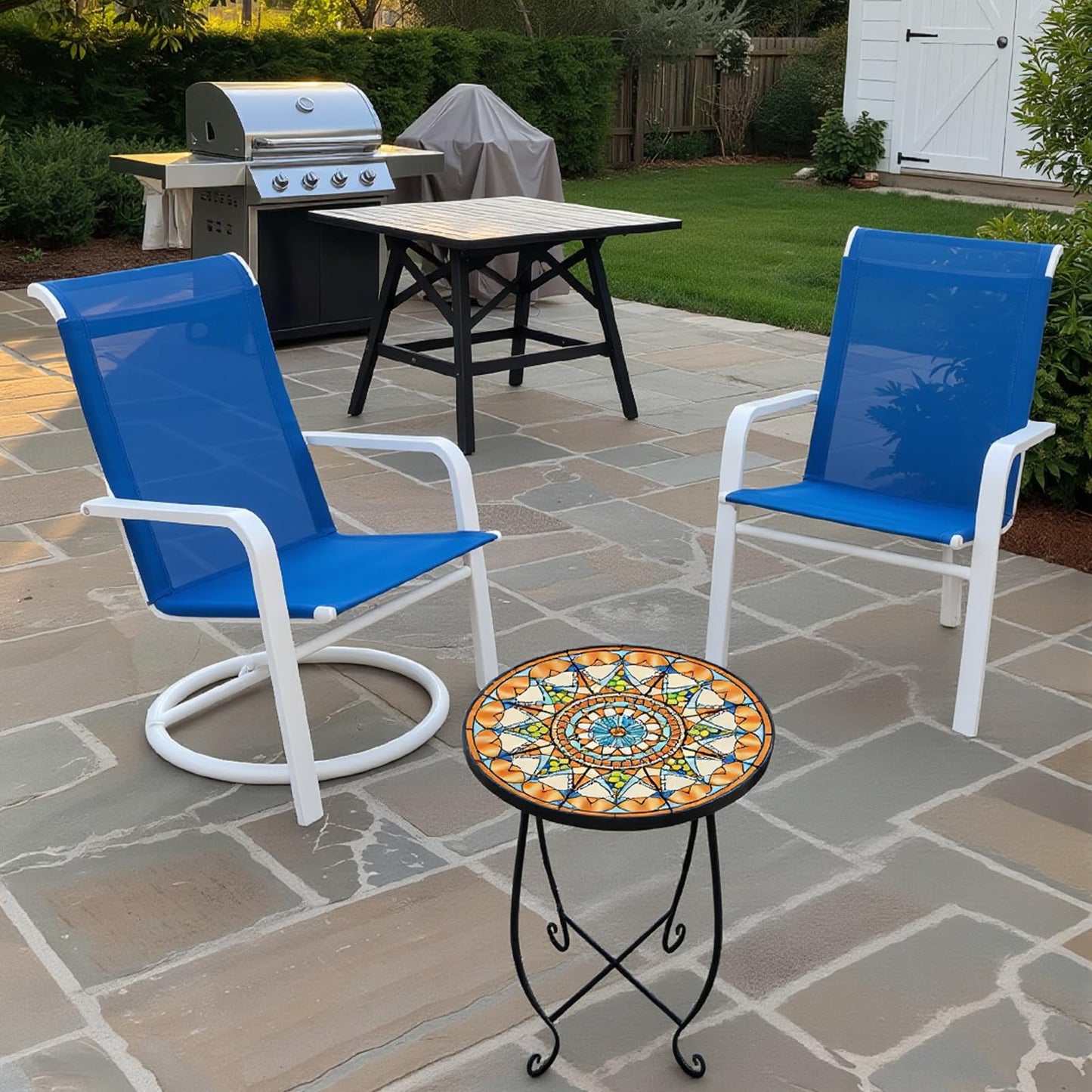 Kaesithar Set of 2 Mosaic Outdoor Side Tables Round, 15 Inch Height - Small Patio Table Set, Foldable Sun Pattern Metal Plant Stands for Garden, Balcony & Yard (Mosaic Sun, 2 Pack)