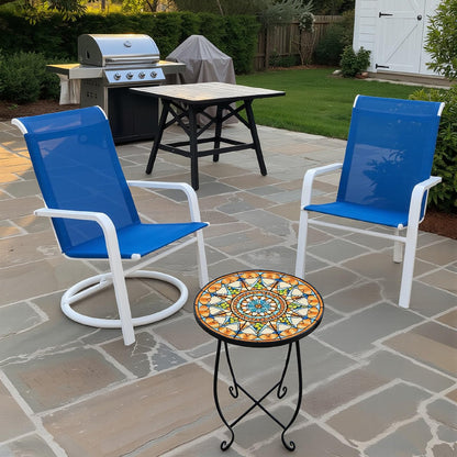 Kaesithar Set of 2 Mosaic Outdoor Side Tables Round, 15 Inch Height - Small Patio Table Set, Foldable Sun Pattern Metal Plant Stands for Garden, Balcony & Yard (Mosaic Sun, 2 Pack)