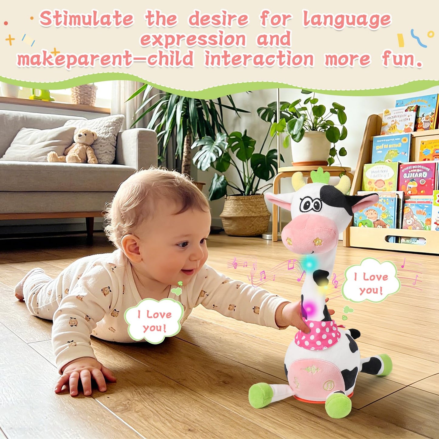 LLUKEME Cute Dancing Cow Interactive Plush Toy with Wiggling Neck | LED Lights | Voice Record & Repeat | 10 Children’s Songs | Funny Toy for Boys Girls Age 1-3