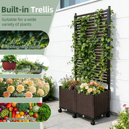 BorealBear Privacy Screen with Resin Wicker Planter Box, 67" Slatted Steel Raised Garden Bed with Trellis, Lockable Wheels, Outdoor Climbing Plants, Patio, Balcony and Yard