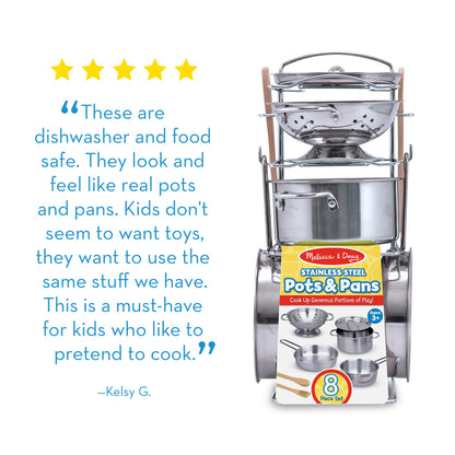 Melissa & Doug Stainless Steel Pots & Pans, 8 Piece Play Kitchen Set, Premium Play Kitchen Accessories & Cooking Utensils, Preschool Toys for Kids 3+