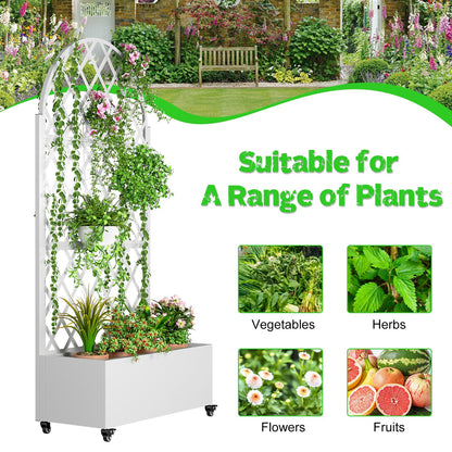 Metal Planter Box with Trellis, Raised Garden Bed with Drainage Hole, Privacy Screen, Wheels, 73"x 35"x 16" Planters Box for Climbing Plants Vegetable Vines, Space-Saving Design, White