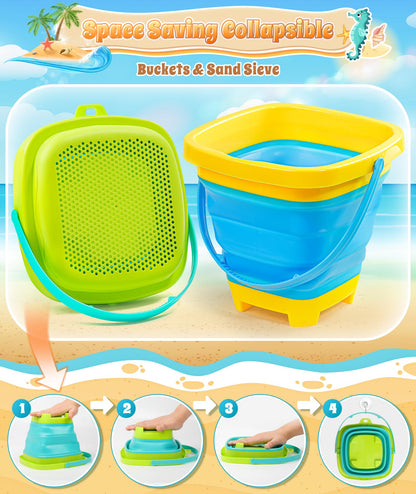 DUDUCOFU Collapsible Beach Sand Toys for Kids Toddlers, Collapsible Sand Bucket with Sifter Shovels Set with Mesh Bag and Sand Molds, Travel Beach Sandbox Toys for Boys Girls 3 4 5 6 7 8 9 10