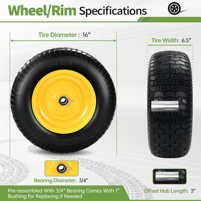 2 PCS 16x6.50-8 Flat Free Riding Lawn Mower Tire and Wheel with 1" Bushing, 3/4"Bearing，3"Offset Hub,Fit for Lawn Mowers and Garden Tractor, Solid Mower Wheel for Residential and Commercial 500 Lbs