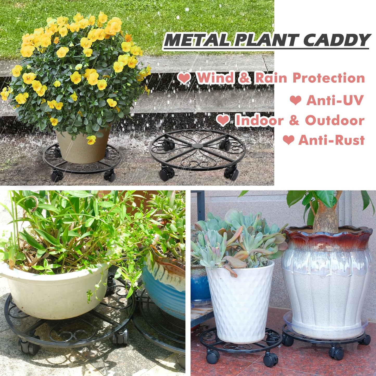 lucpur 6 Pack Metal Plant Caddy with Wheels, 12 Inch Plant Stand with Wheels Heavy Duty Wrought Iron Rolling Plant Caddy Plant Dolly Plant Rollers Plant Cart Large Plant Mover