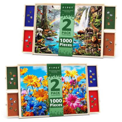 2 Pack 1000 Piece Rotating Puzzle Board with Drawers and Cover - Portable Jigsaw Puzzle Board Lightweight Puzzle Tray for Adults & Families Home Entertainment - 30" X 22"
