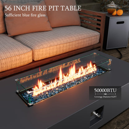 UPHA 56-inch Outdoor Propane Gas Fire Pit Table 50000 BTU Iron Rectangle Firepit for Outside Patio with Tank Hidden Table, Wind Guard, Removable Lid, Blue Glass Rocks, Rain Cover, Grey