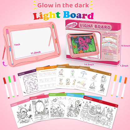 Magic LED Drawing Board for Kids, Girl Toys for Ages 5-7, Christmas Birthday Gifts, Light Up Tracing Pad, 9 Double-Sided Cards, 6 Markers, Neon Effect Doodle Writing Tablet, Arts Crafts Learning Toy
