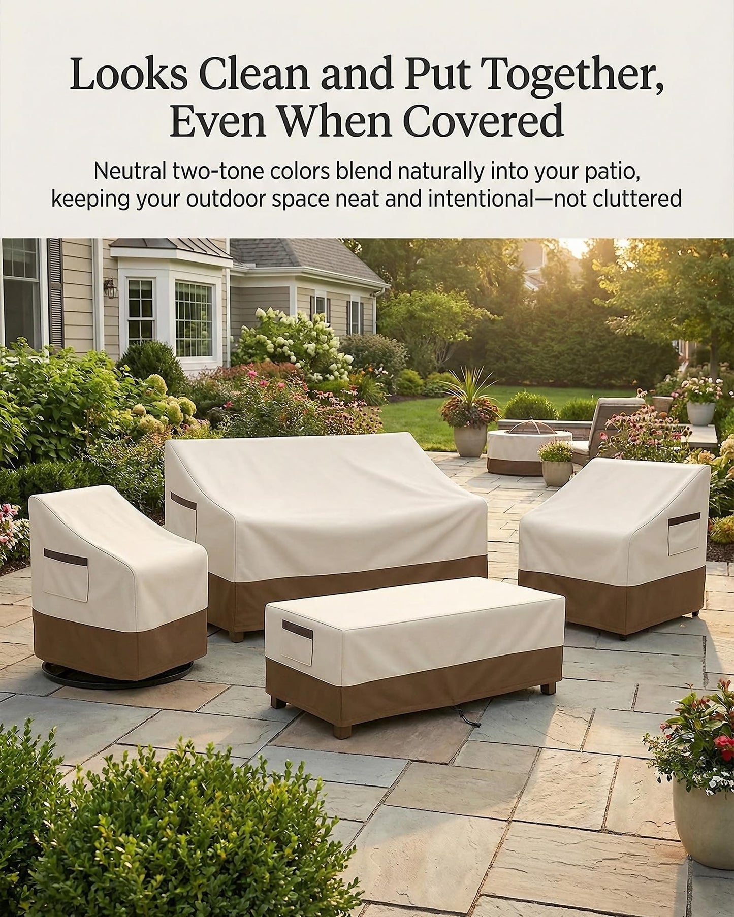 4-Piece Patio Furniture Cover Set, Waterproof Outdoor Furniture Covers for 3-Seater Sofa, Patio Chairs & Coffee Table, Heavy-Duty 600D, Fade&UV-Resistant, Breathable, All-Season Protection,Beige&Brown
