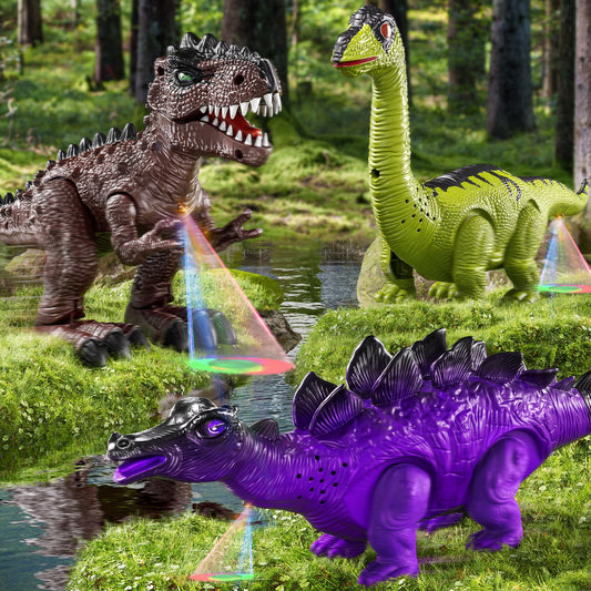 TEMI 3 Pack Electrical Walking Dinosaur Toys for Toddlers 3-4 3-5 Years with Sound and Light Up, Toddler Robot Dinosaur, Brachiosaurus, Stegosaurus Dinosaur Figures for Kids