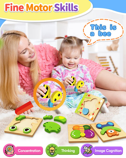 Bekayshad Wooden Puzzles Toddler Toys Gifts for 1 2 3 Year Old Boys Girls, 4 Pack Animal Jigsaw Puzzles Montessori Toys, Learning Educational Christmas Birthday Gifts for Girls Boys Ages 1-3