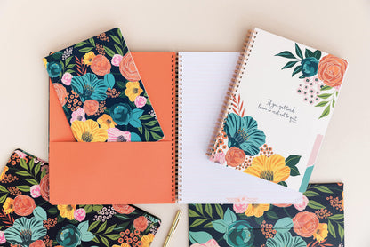 Steel Mill & Co Cute Large Spiral Notebook College Ruled, 11" x 9.5" with Durable Hardcover and 160 Lined Pages, Garden Blooms (Navy)