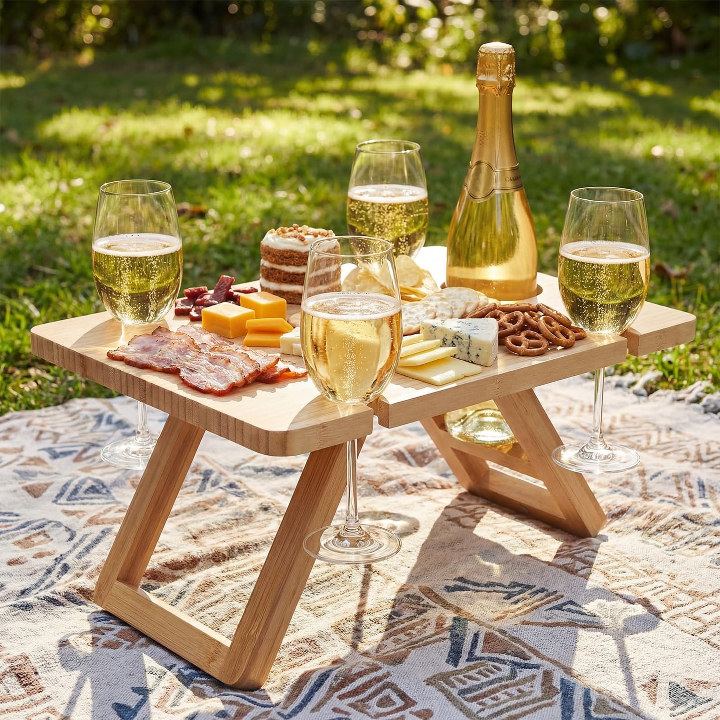 Dumbpec Bamboo Wine Picnic Table, Foldable Portable Charcuterie Tray with Bottle Slot and 4 Glass Holders, 15.6 x 11.7 x 7.5 in, for Beach, Park, Camping