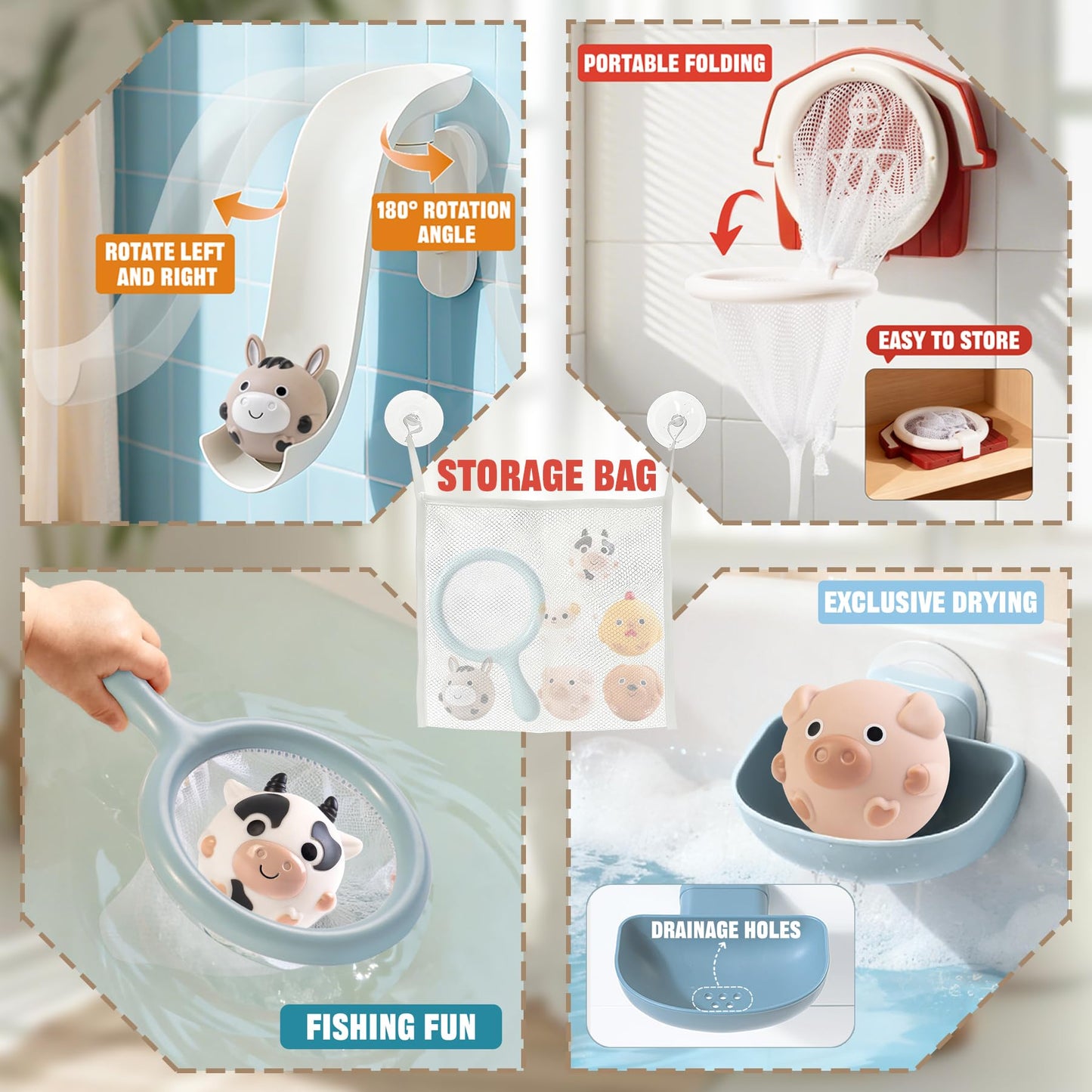TXTLDB No-Hole Farm Bath Toys for Toddlers 1-3 | Slide, Basketball Hoop & 6 Animal Set | Easy to Clean & Dry Bathtub Play Gifts for Boys Girls