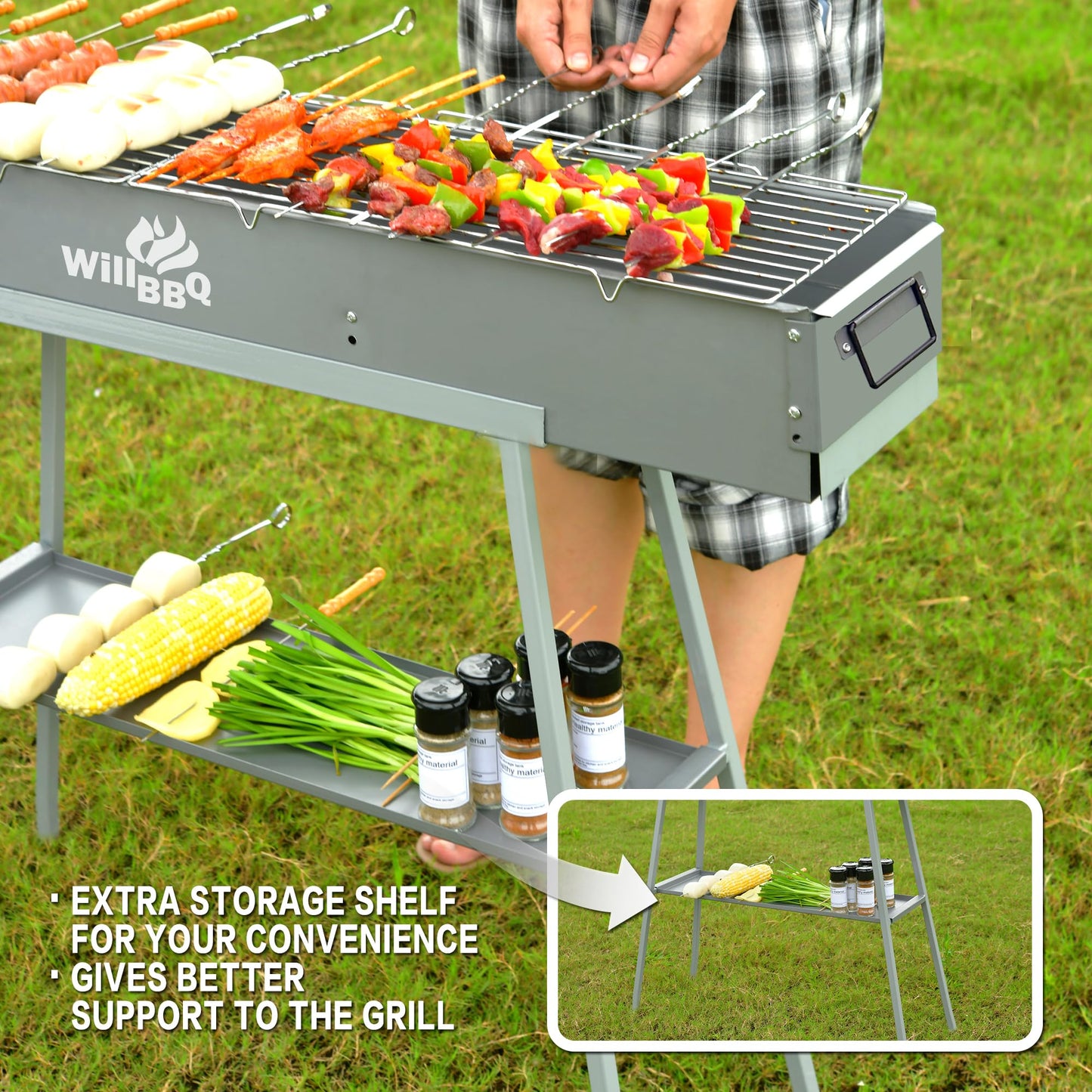 WILLBBQ Charcoal Grills Commercial Quality Portable Hibachi BBQ Lamb Skewer Detachable‌ Camping Barbecue Grill for Backyard Outdoor Cooking Use(31.6x7.1x5.1 inch)