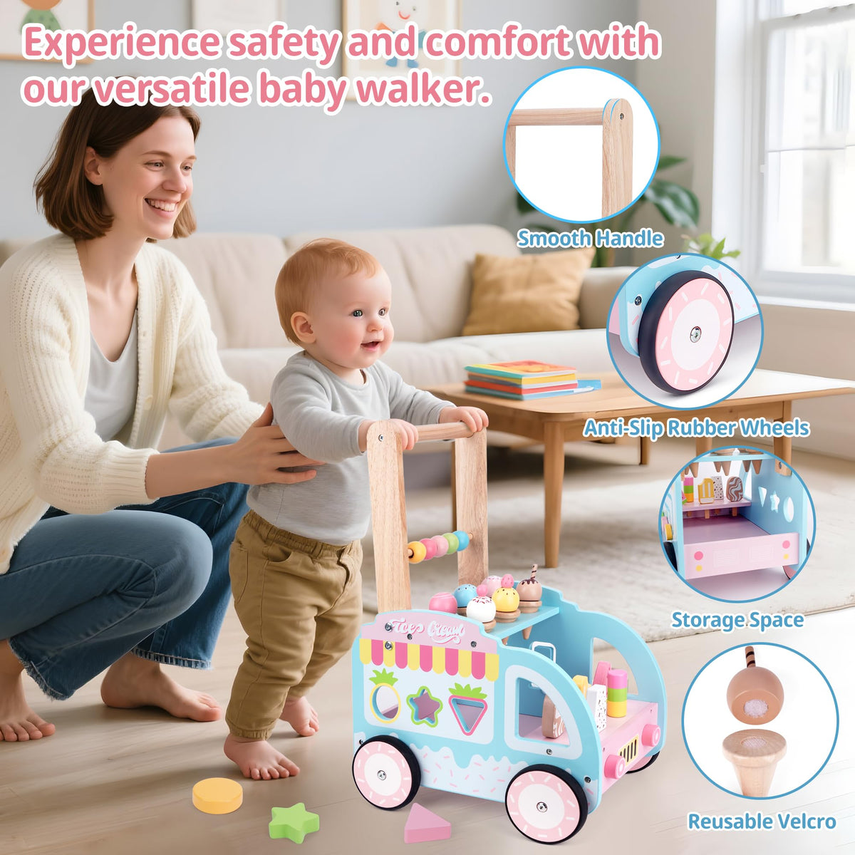Wooden Baby Walker with Wheels for Girls, Toddler Play Store Ice Cream Toy, Multifunctional Ice Cream Cart with Baby Activity Center, Push Walking Toys Gift for 18+ Months Kids Learning to Walk