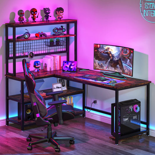 Tribesigns 55" L-Shape Computer Desk with Hutch and Wireless Charging, Office Desk Study Table Writing Desk Workstation with 5 Shelves and Movable CPU Stand for Home Office (Brown)