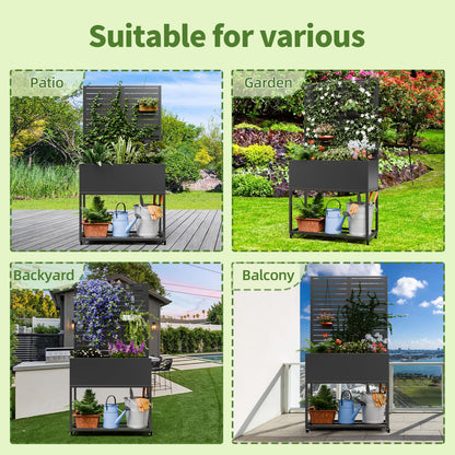 Trygoal Metal Planter Box with Trellis,67" H x35 W Raised Garden Beds with Privacy Screen for Climbing Plants Flower, Elevated Standing Planter Garden Bed with Drainage Holes for Outdoor Patio,Black